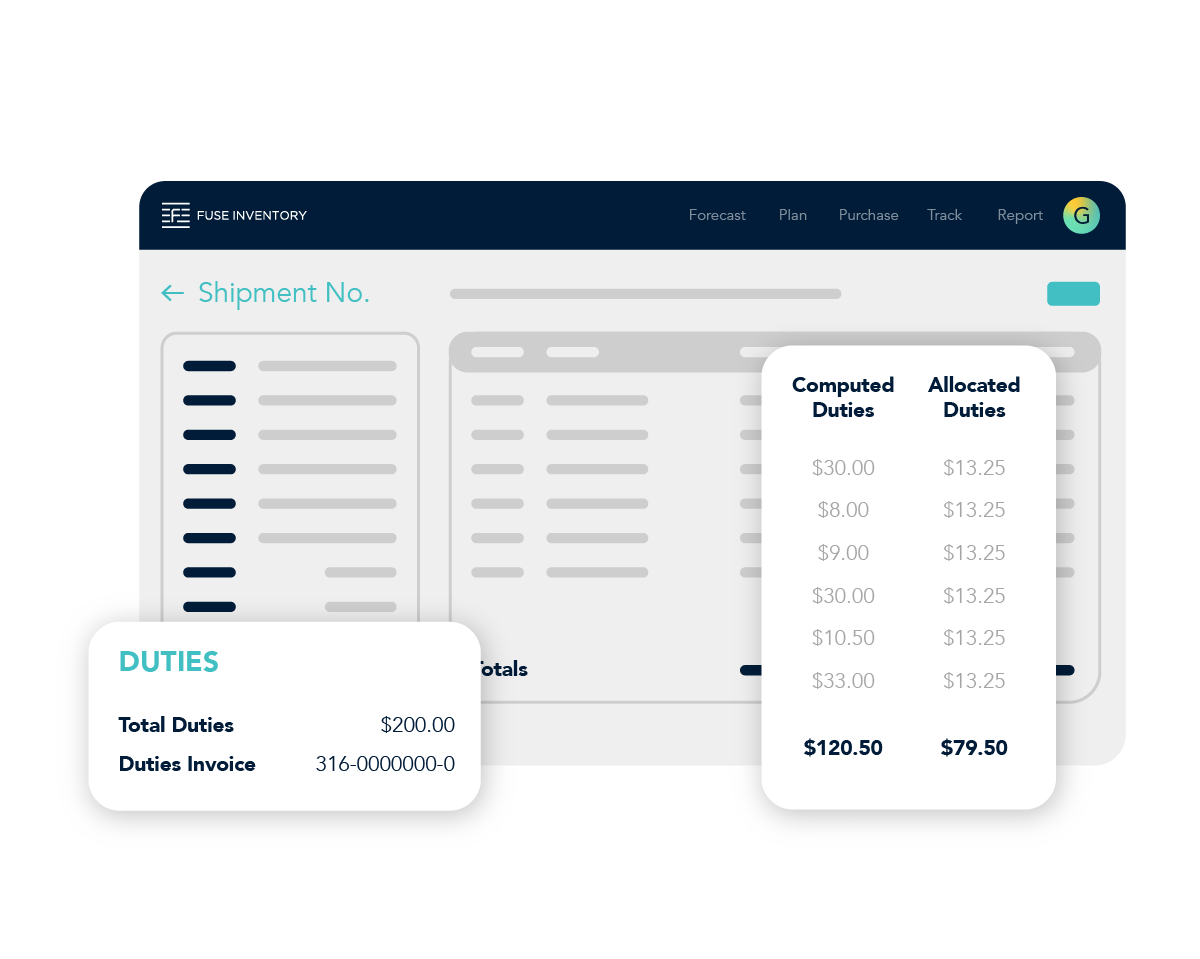 Fuse shipment screen showing computed duties by line item totaling $120.50, with a duties invoice number as well as columns for Computed Duties and Allocated Duties